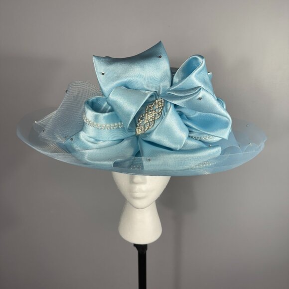 Accessories - Sky blue KENTUCKY DERBY or CHURCH LADY HAT w/ front bow and embellishments